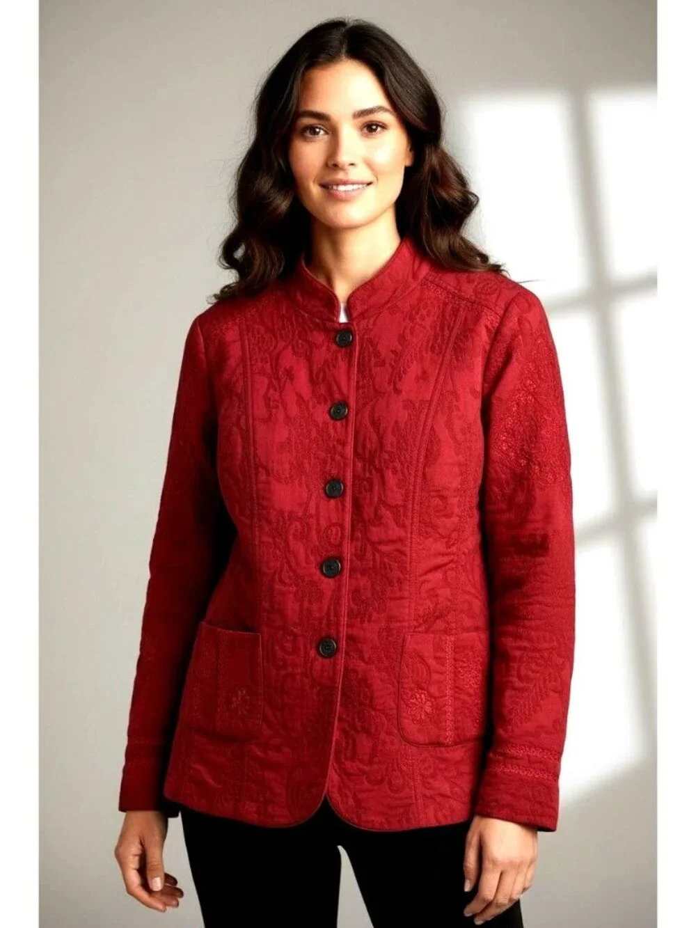 Coldwater Creek Red Jacquard Button Jacket Size 14 Blazer Pockets Coat Holiday